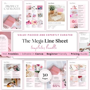 Könnte beinhalten: Eine Sammlung von Produktkatalog- und Line-Sheet-Vorlagen in Rosa und Weiß. Das Vorlagenpaket umfasst 30 Seiten und ist in Canva bearbeitbar. Der Text enthält "The Product Catalogue" und "Spring Deals Save up to 65%."