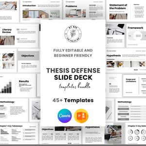 May include: A slide deck template bundle for thesis defense presentations. The design includes various layouts for introduction, objectives, results, and methodology. The templates are fully editable and beginner-friendly, with over 45 templates available. Includes Canva and PowerPoint icons.