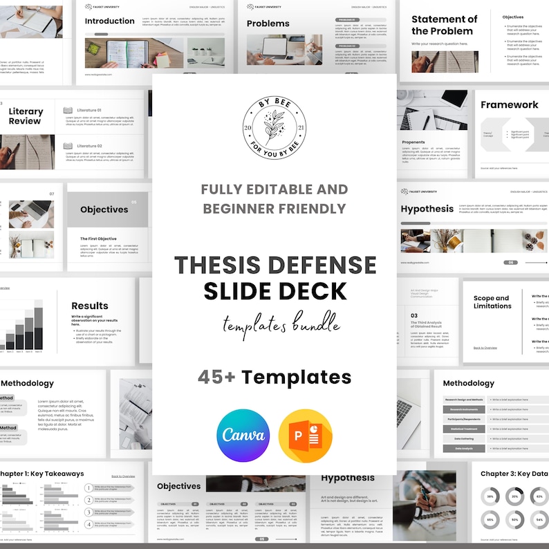 May include: A slide deck template bundle for thesis defense presentations. The design includes various layouts for introduction, objectives, results, and methodology. The templates are fully editable and beginner-friendly, with over 45 templates available. Includes Canva and PowerPoint icons.