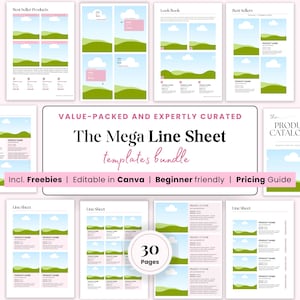 May include: A bundle of 30-page templates for product catalogs and line sheets. The templates feature a clean design with images of green hills, blue skies, and pink accents. Text includes "Best Seller Products" and "Look Book".