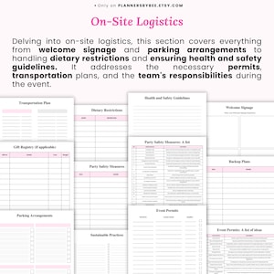 K&ouml;nnte beinhalten: Ein Planer mit dem Titel "On-Site Logistics" in Rosa. Er enth&auml;lt Abschnitte f&uuml;r Transportpl&auml;ne, Ern&auml;hrungsbeschr&auml;nkungen, Gesundheits- und Sicherheitsrichtlinien und Veranstaltungsgenehmigungen. Der Text erw&auml;hnt auch Willkommensschilder und Parkregelungen.