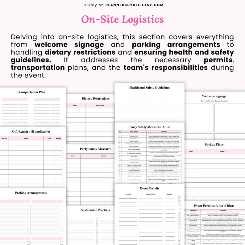 K&ouml;nnte beinhalten: Ein Planer mit dem Titel "On-Site Logistics" in Rosa. Er enth&auml;lt Abschnitte f&uuml;r Transportpl&auml;ne, Ern&auml;hrungsbeschr&auml;nkungen, Gesundheits- und Sicherheitsrichtlinien und Veranstaltungsgenehmigungen. Der Text erw&auml;hnt auch Willkommensschilder und Parkregelungen.