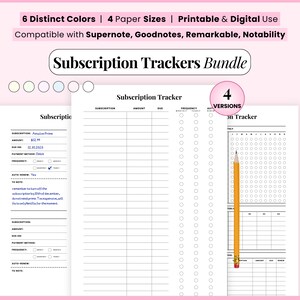 Può includere: Un pacchetto di tracker per abbonamenti con modelli stampabili e digitali in sei colori e quattro formati carta. Il layout include colonne per nomi di abbonamento, importi, date di scadenza e frequenze, con una matita gialla posizionata in verticale.