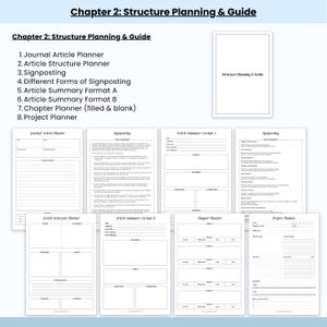 May include: A collection of white paper templates for structure planning and guide. The text "Chapter 2: Structure Planning & Guide" is at the top. The templates include a journal article planner, article structure planner, and project planner.