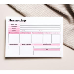 May include: A white pharmacology study card with pink accents and the word "Pharmacology" at the top. The card includes sections for generic name, drug class, dosage, therapeutic uses, and adverse effects.