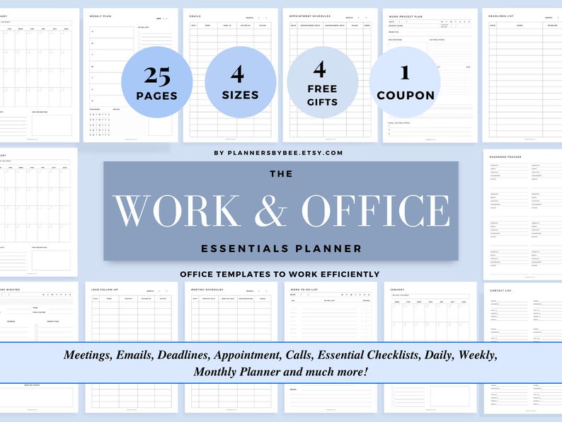 Puede incluir: Un planificador digital de oficina con plantillas para una organizaci&oacute;n eficiente. El planificador incluye 25 p&aacute;ginas, 4 tama&ntilde;os, 4 regalos gratis y 1 cup&oacute;n. El texto en la imagen dice "The Work & Office Essentials Planner".