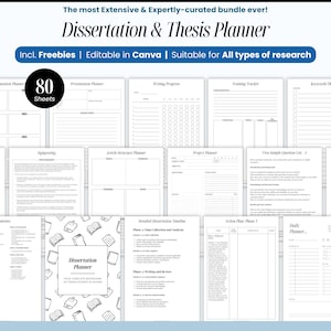 May include: A collection of printable dissertation and thesis planners. The image includes various templates for project management, writing progress, and data analysis. The text reads "Dissertation & Thesis Planner" and "80 Sheets".