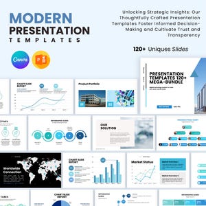 Pode incluir: Imagem promocional para modelos de apresentação. O título "MODERN PRESENTATION TEMPLATES" é exibido em azul. A imagem inclui vários exemplos de slides, gráficos e o texto "120+ Uniques Slides". Os logotipos do Canva e do PowerPoint também são visíveis.