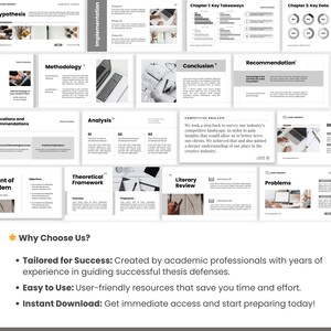 May include: A presentation slide deck with a white background and gray accents. The slides cover topics like methodology, analysis, and recommendations. Text includes "Why Choose Us?" and bullet points about success, ease of use, and instant download.
