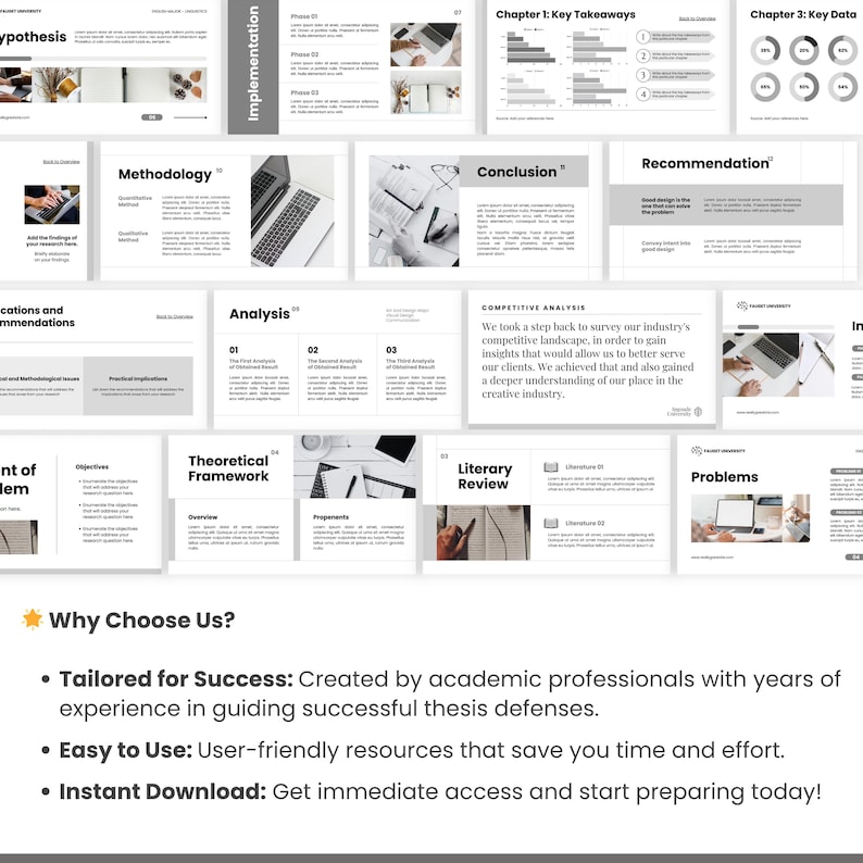 May include: A presentation slide deck with a white background and gray accents. The slides cover topics like methodology, analysis, and recommendations. Text includes "Why Choose Us?" and bullet points about success, ease of use, and instant download.