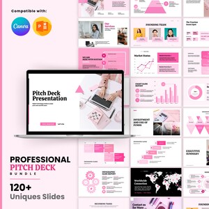 May include: A laptop displaying a pink and white presentation template with the text "Pitch Deck Presentation." The image includes various infographic slides, a "Professional Pitch Deck Bundle" title, and the text "120+ Unique Slides."