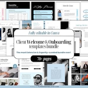 Op de afbeelding: Een verzameling digitale sjablonen voor klantonthaal en onboarding, volledig bewerkbaar in Canva. De bundel bevat meer dan 70 pagina's met verschillende lay-outs, waaronder financiële plannen, procesgidsen en teamintroducties. De tekst luidt "Client Welcome & Onboarding templates bundle".