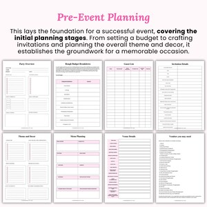 K&ouml;nnte beinhalten: Eine Sammlung von Arbeitsbl&auml;ttern zur Eventplanung mit rosa Akzenten. Die Seiten umfassen Abschnitte f&uuml;r Party&uuml;bersicht, Budgetaufschl&uuml;sselung, G&auml;stelisten, Einladungsdetails, Thema und Dekoration, Men&uuml;planung, Veranstaltungsortdetails und Anbieterinformationen. Der Titel "Pre-Event Planning" steht oben.