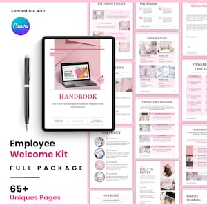 Puede incluir: Un modelo de kit de bienvenida para empleados con un diseño rosa y blanco. El kit incluye un manual, una guía de recursos y páginas de políticas. El texto en el manual dice "Handbook" y "Annual Report for 2030". Compatible con Canva.