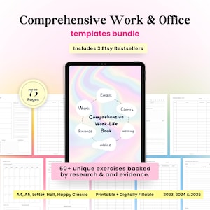 Może przedstawiać: Pakiet cyfrowych planerów z tekstem "Comprehensive Work & Office templates bundle" i "Includes 3 Etsy Bestsellers." Obraz przedstawia tablet z planerem z sekcjami do pracy, finansów i klientów. Pakiet zawiera 75 stron.