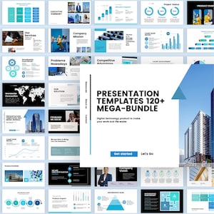 Puede incluir: Un conjunto de plantillas de presentación con un diseño moderno. La imagen presenta varias diapositivas con esquemas de color azul y blanco, gráficos e infografías. El texto en las diapositivas incluye "Presentation Templates 120+ Mega-Bundle".