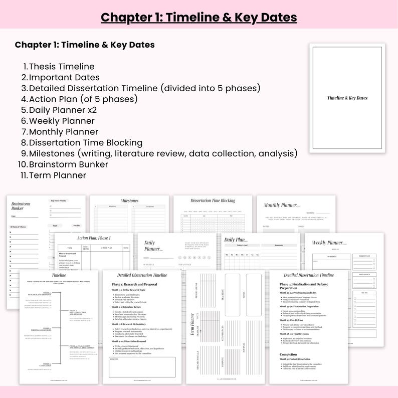 May include: A collection of printable planner pages with the title "Chapter 1: Timeline & Key Dates." The pages include Thesis Timeline, Important Dates, Daily Planner, Weekly Planner, and more. The pages are in black and white.