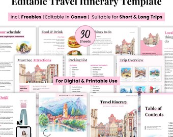 Travel itinerary template, Trip itinerary planner, Holiday Vacation Canva itinerary printable digital, Travel Agent Guide Flight Hotel ebook