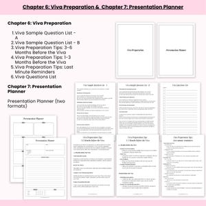May include: A collection of printable study guides and planners for Viva preparation and presentation. The guides include question lists, preparation tips, and presentation planner templates. The text on the image includes "Chapter 6: Viva Preparation & Chapter 7: Presentation Planner."