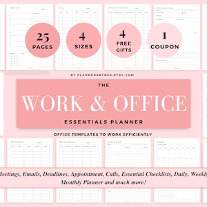 May include: A digital planner with a pink banner reading "The Work & Office Essentials Planner." The image displays various templates, including weekly and monthly calendars, checklists, and appointment schedules. The planner offers 25 pages, 4 sizes, 4 free gifts, and 1 coupon.
