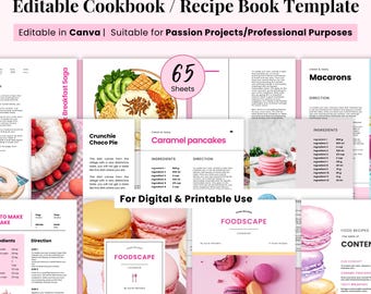 Recipe book template, Cook book recipe notebook, Recipe binder digital, Printable Family Cookbook, Editable Recipe Book, Canva ebook design
