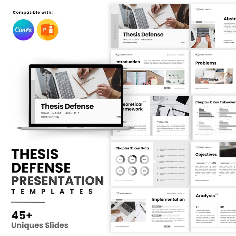 May include: A laptop screen shows a "Thesis Defense" presentation template, with the text "English Major - Linguistic." The design features a clean white background with black text and graphics. The template is compatible with Canva and PowerPoint, and includes over 45 unique slides.