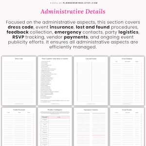 K&ouml;nnte beinhalten: Druckbare Planerseiten mit &Uuml;berschriften wie "Administrative Details", "Dress Code" und "Notfallkontakte". Die Seiten sind wei&szlig; mit rosa Akzenten und enthalten Checklisten und Platz f&uuml;r Notizen. Der Etsy-Shop-Name ist oben sichtbar.