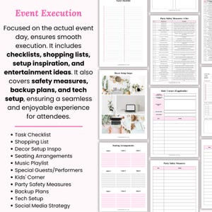 K&ouml;nnte beinhalten: Eine Planerseite mit dem Titel "Event Execution" und Themen zur Eventplanung. Enth&auml;lt Checklisten, Einkaufslisten, Dekorationsaufbau, Sitzordnungen und Sicherheitsma&szlig;nahmen. Die Seiten sind wei&szlig; mit rosa Akzenten.