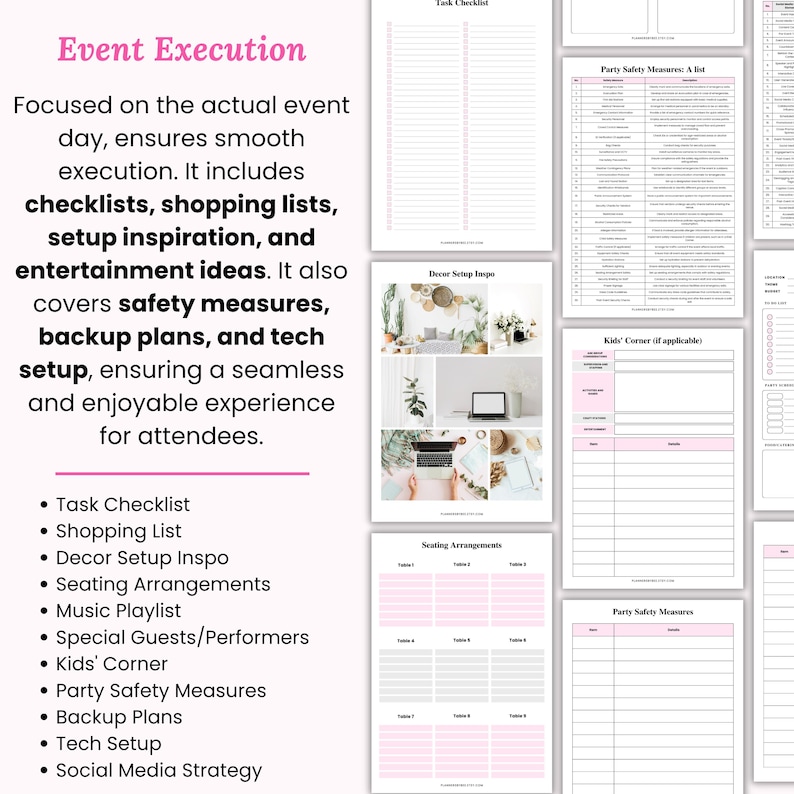 K&ouml;nnte beinhalten: Eine Planerseite mit dem Titel "Event Execution" und Themen zur Eventplanung. Enth&auml;lt Checklisten, Einkaufslisten, Dekorationsaufbau, Sitzordnungen und Sicherheitsma&szlig;nahmen. Die Seiten sind wei&szlig; mit rosa Akzenten.