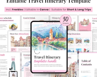 Travel itinerary template, Trip itinerary planner, Holiday Vacation Canva itinerary printable digital, Travel Agent Guide Flight Hotel ebook