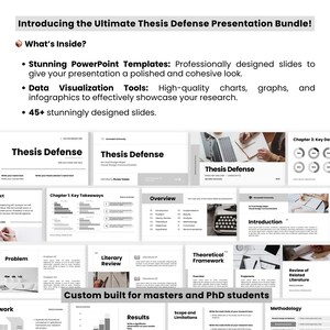May include: A presentation bundle for thesis defense, featuring PowerPoint templates, data visualization tools, and over 45 slides. The text reads "Introducing the Ultimate Thesis Defense Presentation Bundle!" and "Custom built for masters and PhD students."