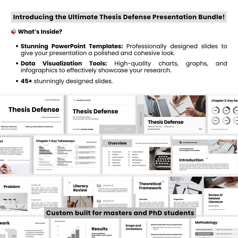 May include: A presentation bundle for thesis defense, featuring PowerPoint templates, data visualization tools, and over 45 slides. The text reads "Introducing the Ultimate Thesis Defense Presentation Bundle!" and "Custom built for masters and PhD students."