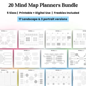 Puede incluir: Un paquete de 20 planificadores de mapas mentales en varios diseños, incluyendo versiones horizontales y verticales. La imagen muestra varios planificadores blancos con diferentes diagramas organizativos. El texto en la parte superior dice "20 Mind Map Planners Bundle".