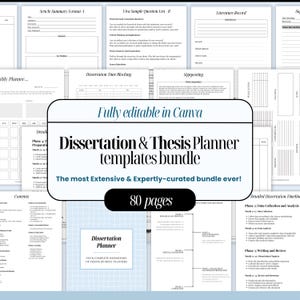 May include: A collection of dissertation and thesis planner templates, fully editable in Canva. The image displays various pages with forms and outlines for academic writing, including a detailed timeline and data analysis sections. The bundle contains 80 pages.