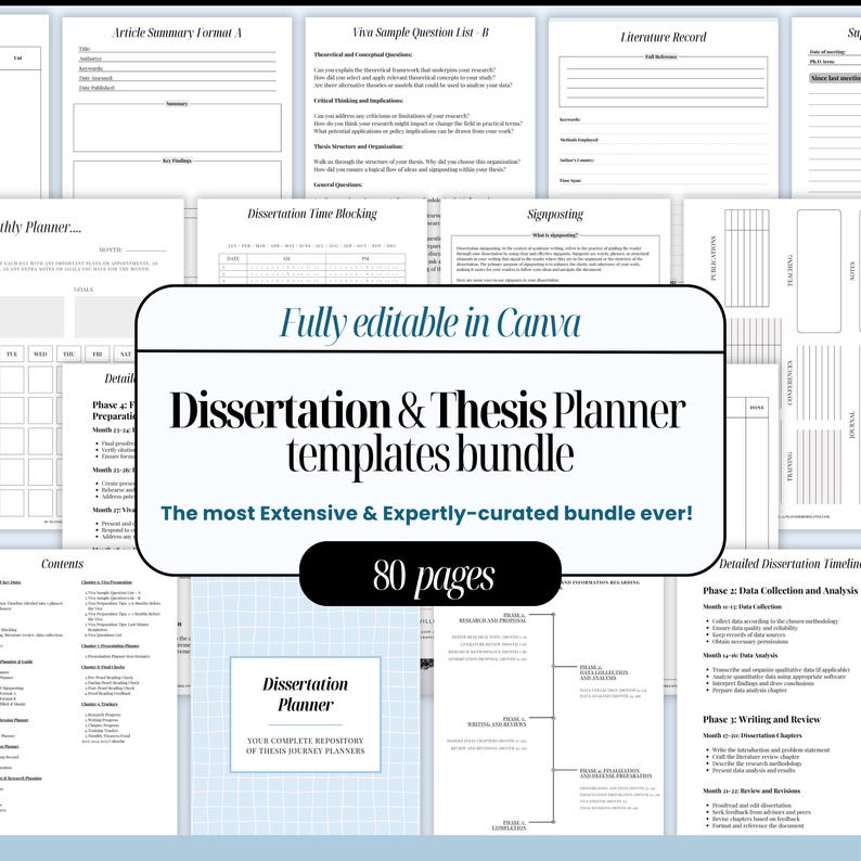May include: A bundle of dissertation and thesis planner templates, fully editable in Canva. The image shows various pages with forms and outlines for academic writing, including a detailed timeline and a section for data collection and analysis. The bundle contains 80 pages.