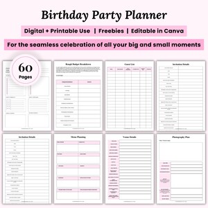 Könnte beinhalten: Ein digitaler Geburtstagsparty-Planer mit 60 Seiten, der Abschnitte für Budgetaufschlüsselung, Gästelisten und Einladungsdetails enthält. Der Planer ist für die digitale und druckbare Nutzung konzipiert und in Canva bearbeitbar. Der Text lautet "Birthday Party Planner".