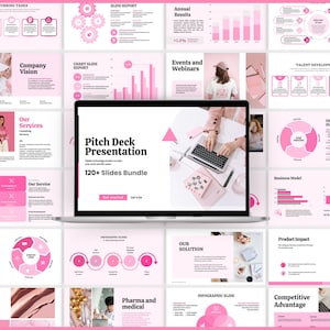 May include: A laptop displaying a "Pitch Deck Presentation" with over 120 slides, surrounded by pink-themed business presentation slides. The presentation includes charts, infographics, and text, with a focus on business and marketing.