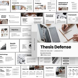 May include: A presentation deck titled "Thesis Defense" for an English major, with the subtitle "Linguistic." The slides are in a grayscale color scheme, with text and graphics. The presentation includes sections on objectives, results, and methodology.