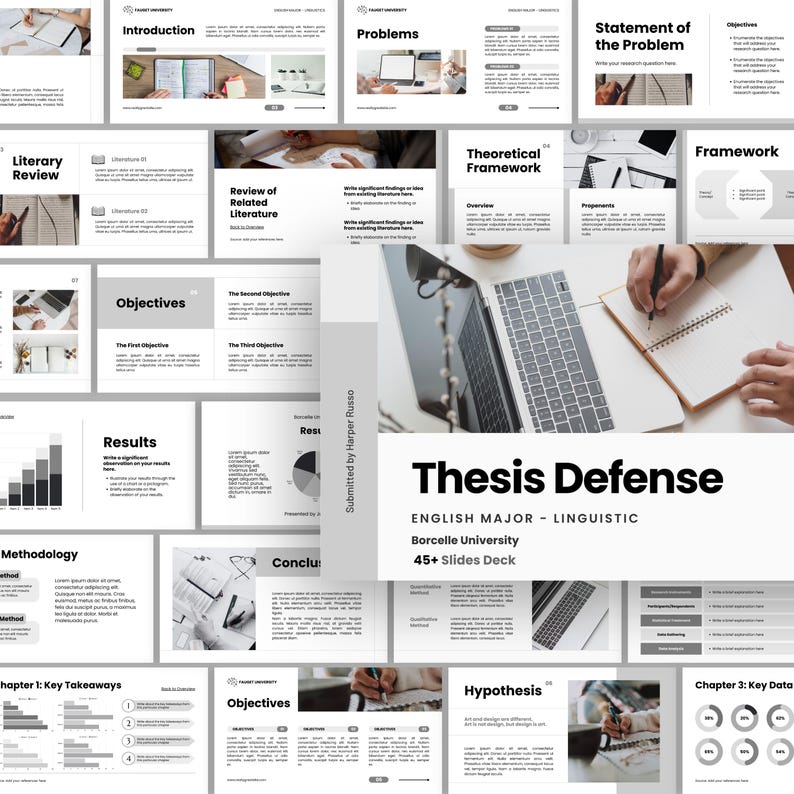 May include: A presentation deck titled "Thesis Defense" for an English major, with the subtitle "Linguistic." The slides are in a grayscale color scheme, with text and graphics. The presentation includes sections on objectives, results, and methodology.