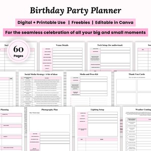 Könnte beinhalten: Ein digitaler Geburtstagsparty-Planer mit 60 Seiten, mit rosa Akzenten und verschiedenen Planungsbereichen. Enthält Abschnitte für Veranstaltungsdetails, technische Einrichtung, Social-Media-Strategie und Dankeskarten. Der Planer ist druckbar und in Canva bearbeitbar.