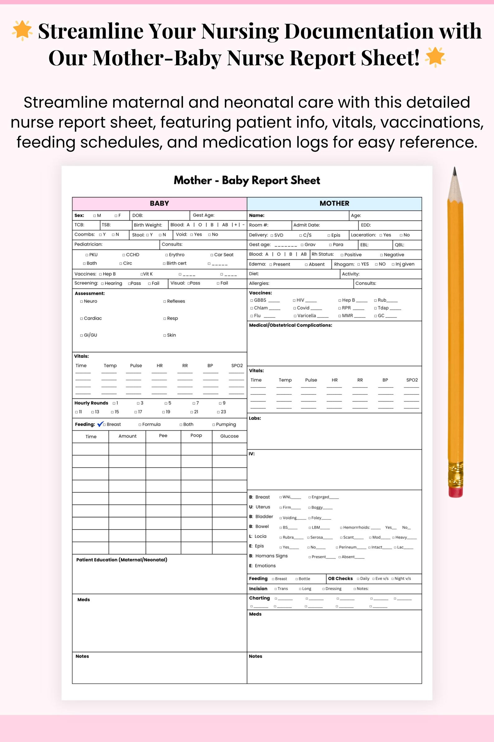 Editable Mother Baby Nurse Report Sheet Medsurg, Postpartum Nursing ...