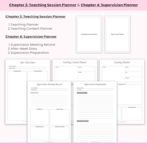 May include: A collection of white paper planners and worksheets for teaching sessions and supervision meetings. The image includes the text "Chapter 3: Teaching Session Planner & Chapter 4: Supervision Planner."