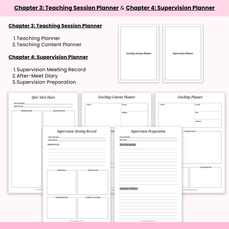 May include: A collection of white paper planners and worksheets for teaching sessions and supervision meetings. The image includes the text "Chapter 3: Teaching Session Planner & Chapter 4: Supervision Planner."