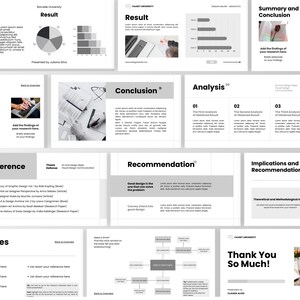 May include: A presentation slide deck with a white background and gray text boxes. The slides cover topics like results, conclusions, analysis, and recommendations. Charts and diagrams are included. The presentation is from Borcelle University and Fauget University.