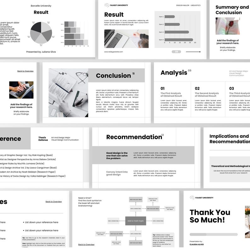 May include: A presentation slide deck with a white background and gray text boxes. The slides cover topics like results, conclusions, analysis, and recommendations. Charts and diagrams are included. The presentation is from Borcelle University and Fauget University.