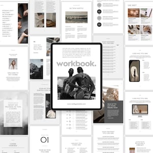 Peut inclure: Un cahier numérique affiché sur une tablette, entouré de diverses pages avec du texte et des graphiques. La couverture du cahier comporte le mot "workbook" et une image en noir et blanc de deux personnes. Les pages comprennent des titres, des puces et des images.