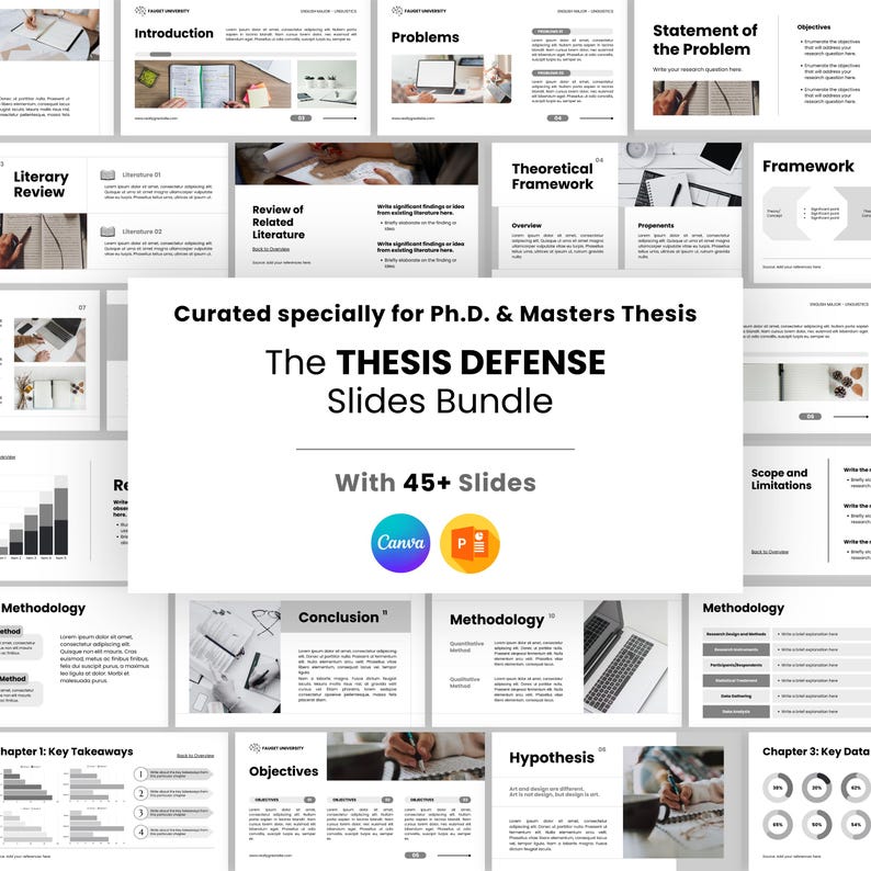 May include: A digital presentation template titled "The THESIS DEFENSE Slides Bundle" with over 45 slides. The slides are white with black text and feature sections like "Introduction," "Methodology," and "Conclusion." The template is curated for Ph.D. and Masters theses.