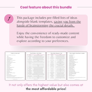 K&ouml;nnte beinhalten: Eine rosa und wei&szlig;e Grafik mit dem Text "Cool feature about this bundle" und "This package includes pre-filled lists of ideas alongside blank templates". Darunter vier Listen mit Titeln wie "Vendors you may need".