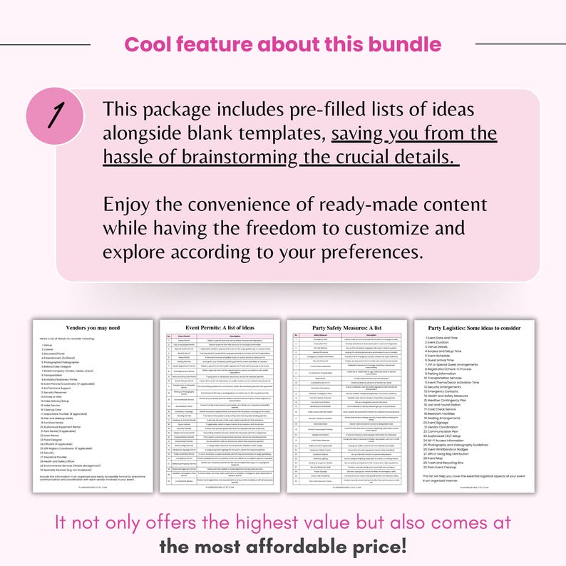 K&ouml;nnte beinhalten: Eine rosa und wei&szlig;e Grafik mit dem Text "Cool feature about this bundle" und "This package includes pre-filled lists of ideas alongside blank templates". Darunter vier Listen mit Titeln wie "Vendors you may need".