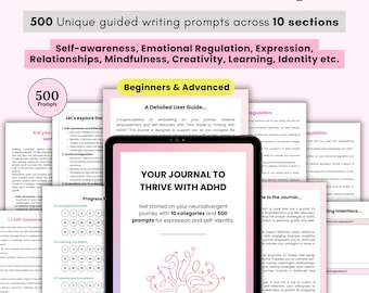 Adhd Journal Prompts, 500 ADD Digital Self-Discovery Prompts, Daily Mental Health, Adult Writing, Behavioural Therapy, CBT Planner Journal